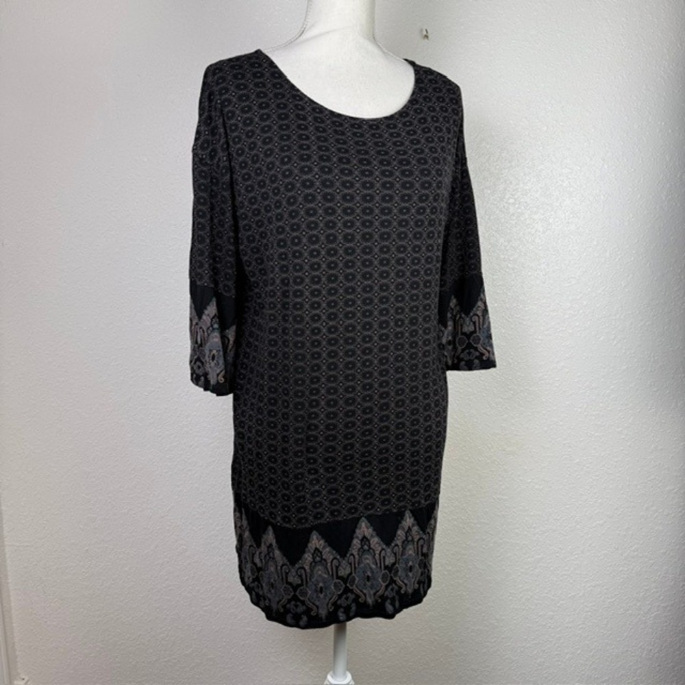 Indiska Jersey Dress Half Bell Sleeves‎ Geometric Medallion Print Black Medium
